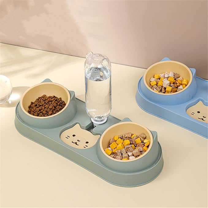 Mltao Pet Feeder, Sky Blue Automatic 3 in 1 Cat Feeder Bowl with Water Dispenser, Plastic Raised Cat Dishes, Wet and Dry Food Bowl Set for Small Dogs, Cats, Rabbits