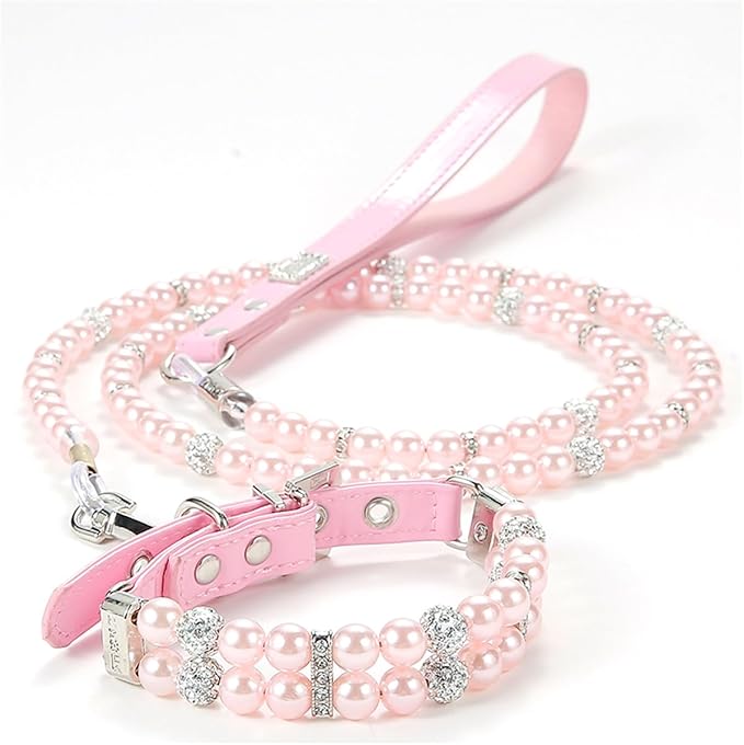 Pink Beaded Dog Collars, Pearl Cat Collar Leash Set Pu Leather Puppy Necklace with Crystal Rhinestone Diamond for Girl Kitten XXSmall Small Medium Female Dogs Jewelry Wedding & Birthday Party, M
