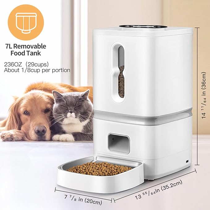 Automatic Dog Feeder Cat Feeder Pet Dry Food Dispenser,7L Auto Feeder for Cat & Small Dog, Portion Control & Voice Recording,4 Meals Per Day with Stainless Steel Bowl,Dual Power Supply