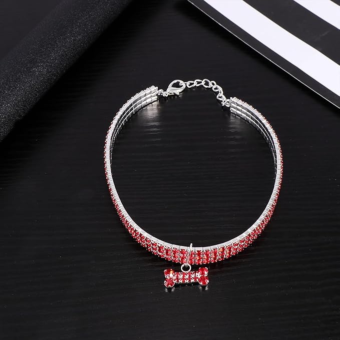 Rhinestone Dog Collar Adjustable Crystal Pet Collar with Buckle Red Large Size for Dogs and Puppies