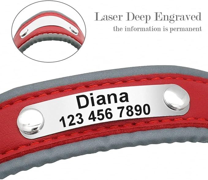 Reflective Large Dog Collar Leather Personalized Pet Dog Collars coleira para cachorro for Big Pit Bull Dogs German Shepherd Red M