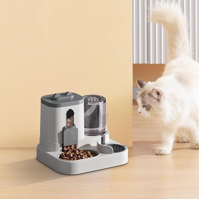 2-in-1 Automatic Feeder & Water Dispenser, Automatic Dog Water Dispenser for Small to Medium Dogs Cats, Large Capacity (Grey)