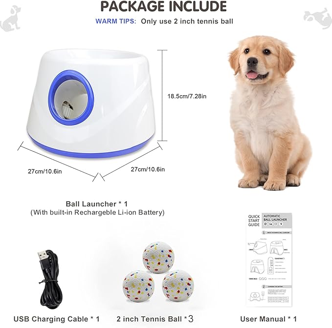 Dog Ball Thrower Launcher, Automatic Ball Launcher for Dogs, 3 Adjustable Distance Settings, Indoor Outdoor Interactive Toy, with 3 2.3-inch Balls, Small/Medium Sized Dog Thrower