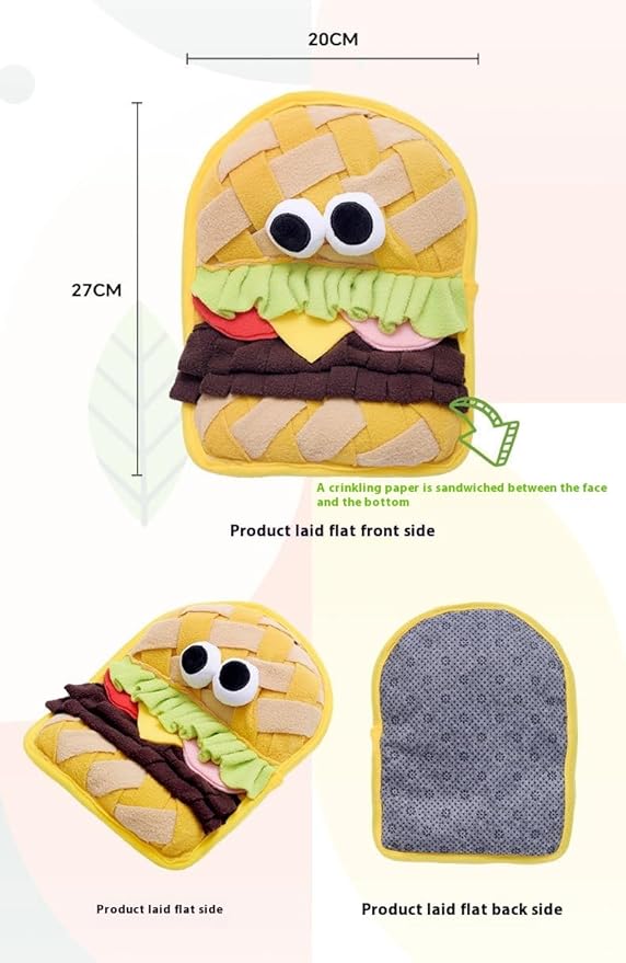 Interactive Pet Snuffle Mat with Crinkle Paper and BB Sound – Food-Shaped Nose Work Mat for Cats, Dogs, and Small Pets, Anti-Slip Base, Puzzle Feeding Toy (Hamburg)