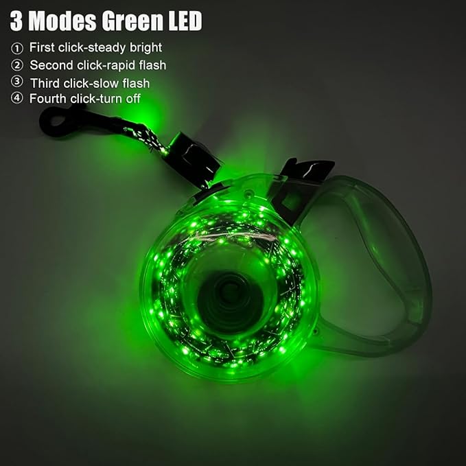 Luwint LED Dog Leash Retractable 8.8ft - Light Up Dog Leashes for Night Walking, USB Rechargeable Waterproof Lighted Leash with 3 Modes Green Light