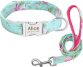Personalized Dog Collar Leash Nylon Print Small Dog Collars and Lead for Small Medium Large Pet Pitbull German Shepherd Puppy Baby Blue Flower Set S