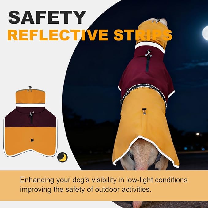 Waterproof Dog Winter Coat, Reflective Turtleneck Fleece Jacket with Snow Protection for Large Dogs, Cold Weather Pet Clothing (Yellow, L)