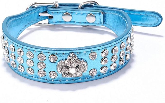 Luxury Pet Dog Collar Bling Crystal Rhinestones Crown Charm Accessories Leather Collars for Small Dogs Diamond Necklace 20E Blue XS