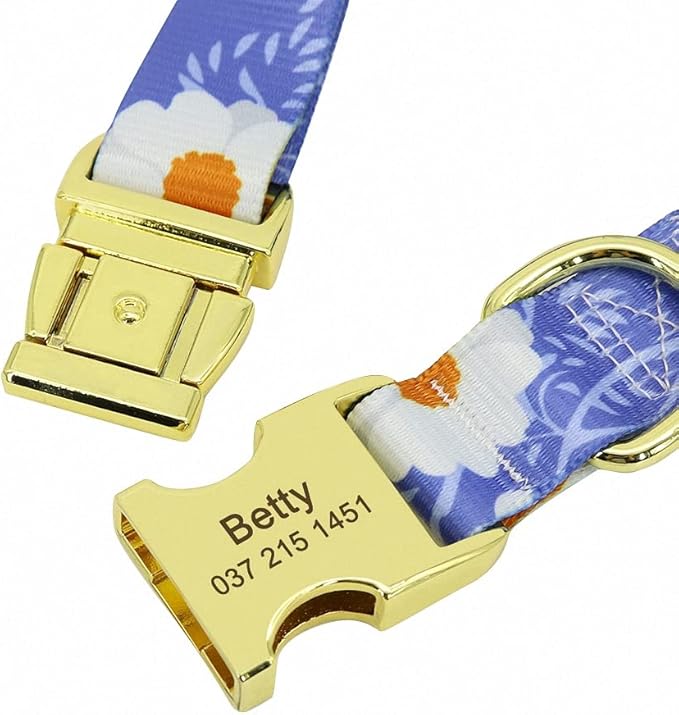 Fashion Custom Dog Collar Personalized Pet Collars Nylon Flower Print Dog ID Collars Engraved Name for Small Medium Large Dog Blue M
