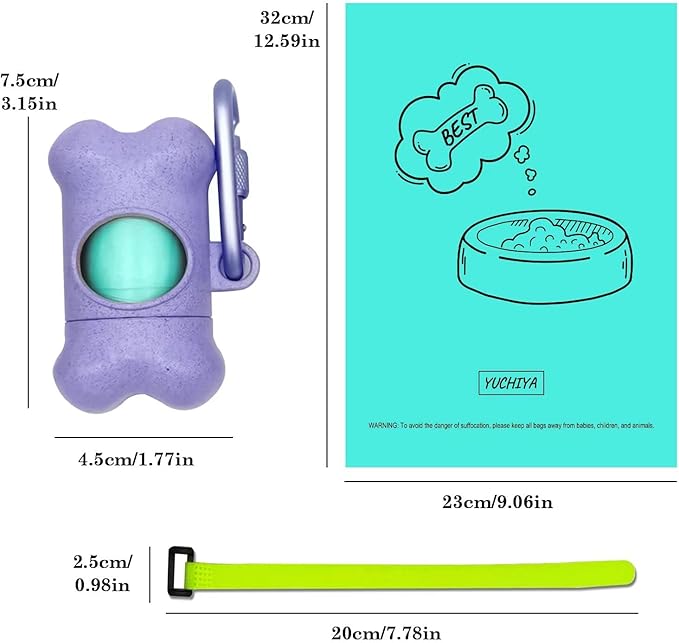 Dog Poop Pickup Bags Holder Dispenser with Standard-Sized Leak-Proof Scented Doggy Waste Bags and Carabiner Hook and Loop Fastener Never Loose on Leash Lead Again (1 Holder 15 Bags, Purple)