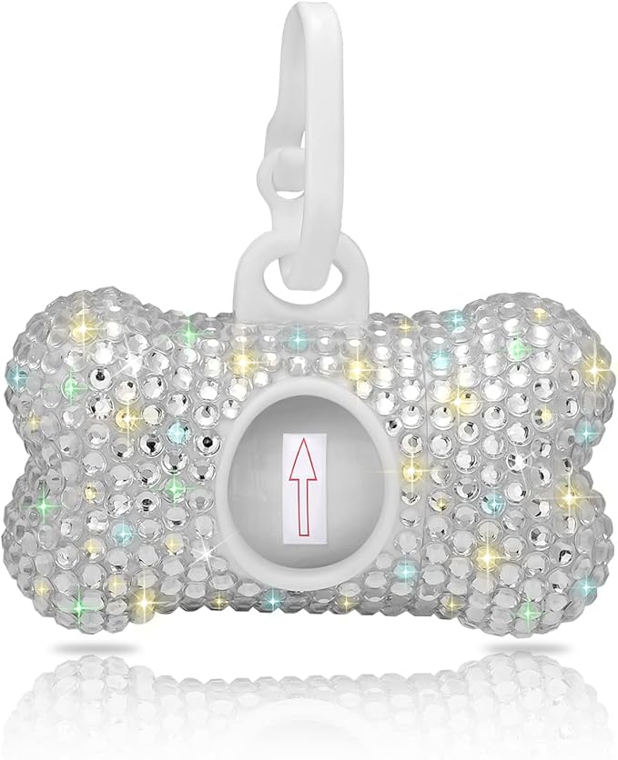 SAVORI Dog Poop Bag Holder Bling Crystal Dog Waste Bags Dispenser for Pet Dog Doggy with Carabiner Clip Includes 1 Roll 15 Bags (White)