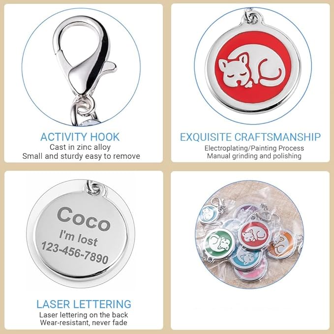 Personalized Pet ID Tags with Lobster Claw Clasp for Kittens and Cats - Small pet Tags for Cats, cat Name Tags for Collar, Custom cat id tag (Sleeping-Round-Small: Blue)