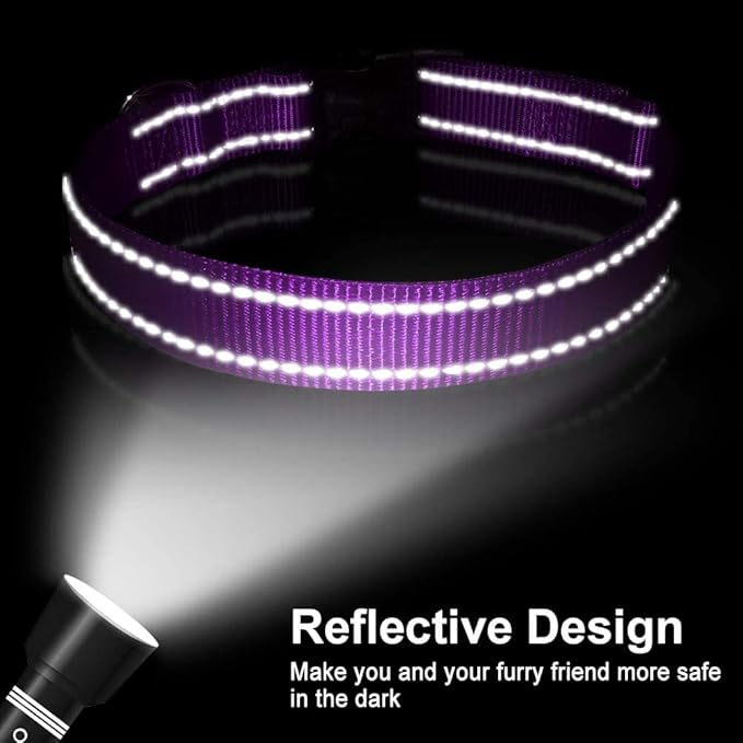 FunTags Reflective Dog Collar, Sturdy Nylon Collars for Small Girl and Boy Dogs, Adjustable Dog Collar with Quick Release Buckle, Purple