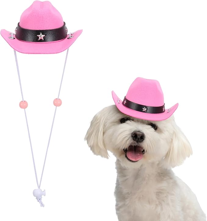 Dog Cowboy Hat, Mini Cowboy Hat for Pet with Chin Strap Adjustable Cosplay Cap Star Decor, (Pink, S), Intended for Dogs and Cats/Halloween Costume/Party Decoration