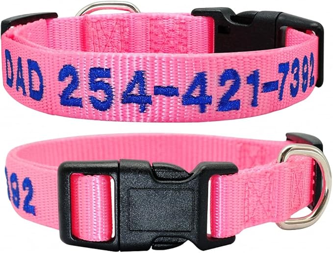 Custom Dog Collar Personalized Embroidery Cat Puppy Collar Nylon Pet Collars Engrave DIY Phone Name ID for Small Big Large Dog Pink L