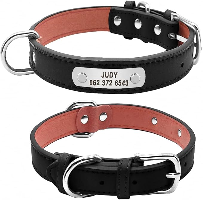 Large Durable Personalized Dog Collar PU Leather Padded Pet ID Collars Customized for Small Medium Large Dogs Cat 4 Size Black M