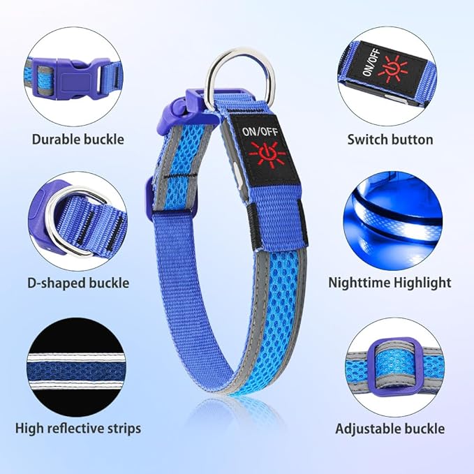 Illumifun Light Up Dog Collar, USB Rechargeable LED Dog Collar Glow in The Dark, Reflcetive Safety Glow Collar for Dogs Walking at Night (Small, Light Blue)