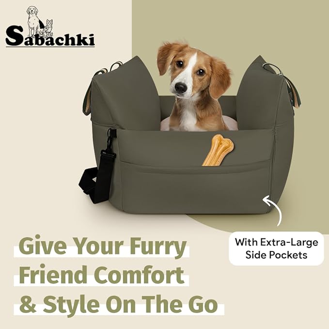 Car Seat & Dog Bed | Waterproof Booster Seat for Small & Medium Dogs Up to 30 Lbs | Easy to Carry with Handles & Storage Pockets (Olive)