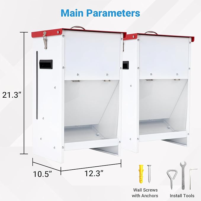 2-Pack Heavy-Duty Metal Dog Feeder - 25LBS Food Capacity Automatic Gravity Dispenser, Powder Coated & Waterproof for Indoor & Outdoor Use, 12.3" L x 10.5" W x 21.3" H, Red and White