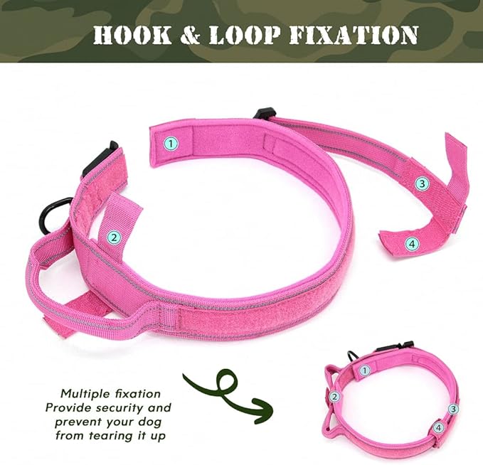Military Tactical Pet Dog Collar Personalized Custom Nylon Reflective Small Medium Large Dog Collars Engraved ID Name Adjustable Pink M