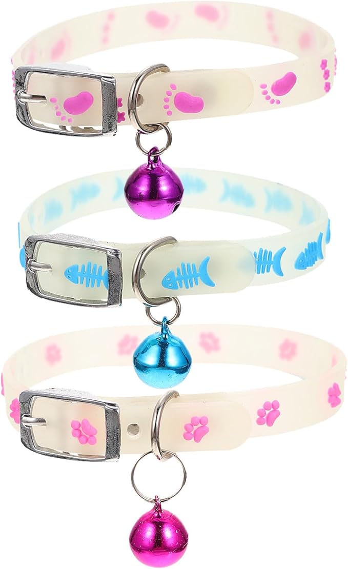 HEMOTON 3pcs Fluorescent Dog Collar Set with Bell for Small Dogs and Puppies Evening Safety Glow Neck Straps in Fishbone Human Paw and Paw Designs Random Colors for Nighttime Strolls