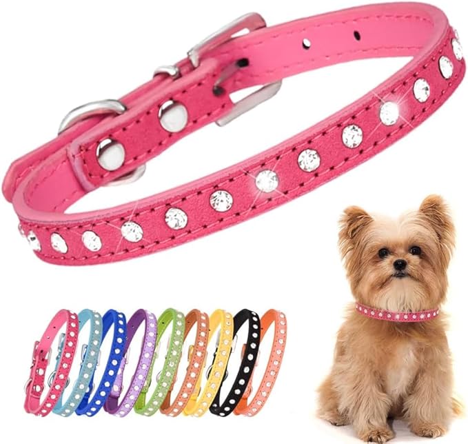 Serijoars Puppy Dog Collar with Crystal Diamond Colorful Bling Girl Puppy Small Dog Cat Collars (S, Hot Pink)