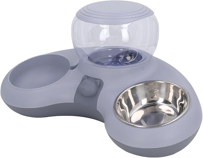 Ergonomic Tilted Cat Feeder with Automatic Water Dispenser, Stainless Steel Spill Proof, Easy to Clean, Raised Food and Water Station for Small Dogs and Cats (Gray)