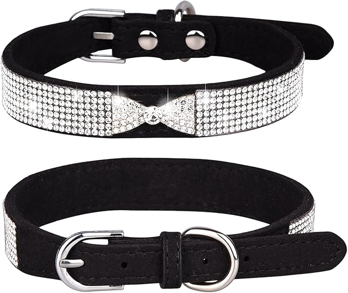 Rhinestone Dog Collar, Cute Dazzling Sparkling Soft Suede Leather Dog Cat Rhinestone Collar Crystal Diamond Pet Dog Puppy Collar (XS, Black-2)