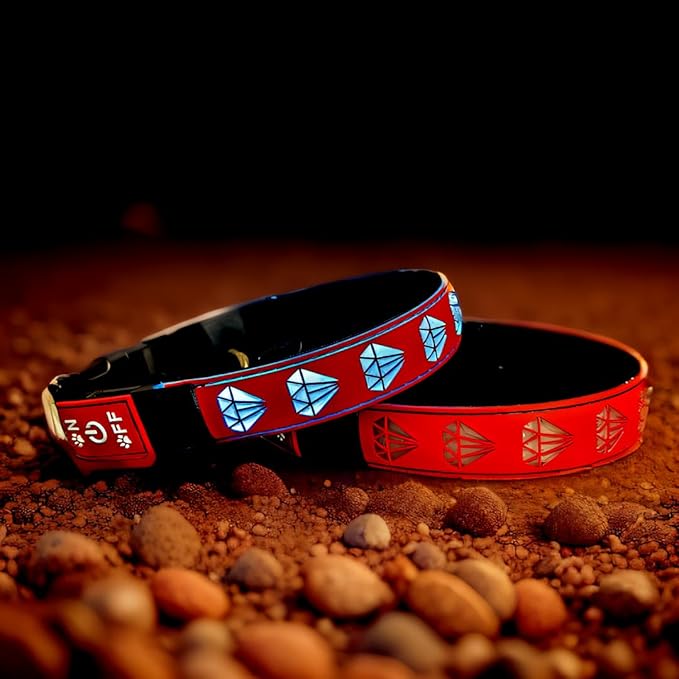 LED Dog Collar with Diamond Pattern, 15 Light Modes, with Bonus Pet ID Tag and Bell (RED, XL(19.7-23.6"))
