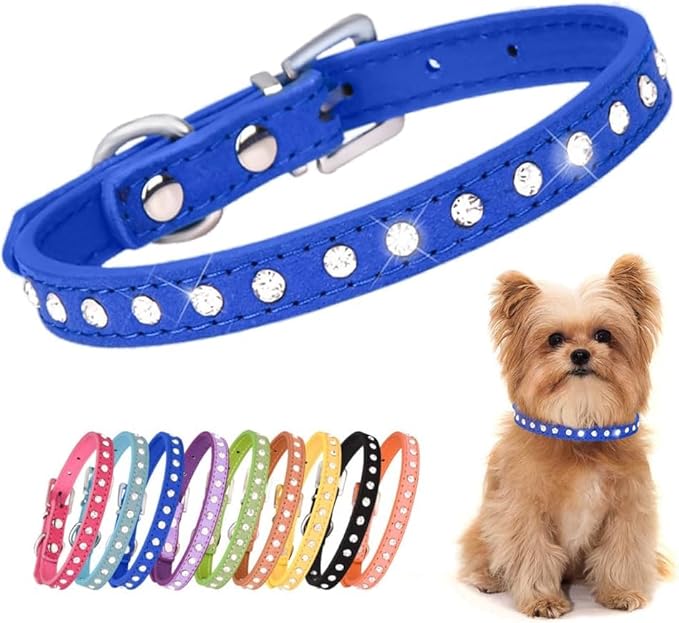 Serijoars Puppy Dog Collar with Crystal Diamond Colorful Bling Girl Puppy Small Dog Cat Collars (Dark Blue, XXS)