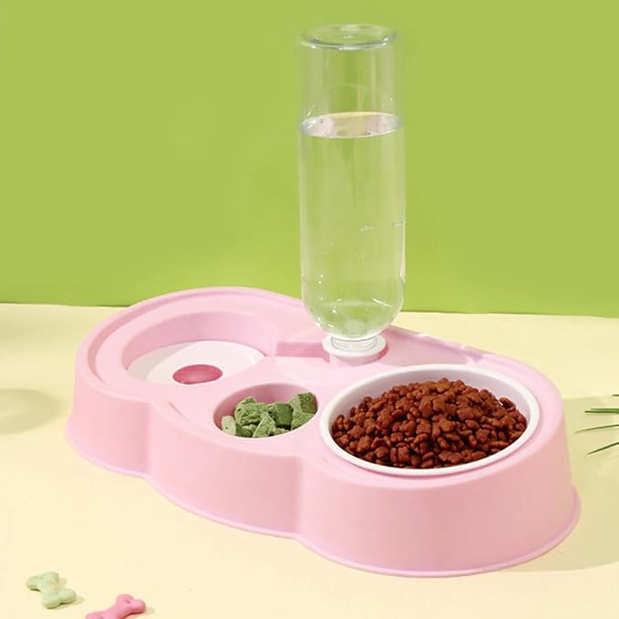 Pet Water and Food Bowl Set, Stable Prevent Slip Double Pet Bowls with Automatic Water Dispenser Bottle, Double Dog Cat Bowls Pet Feeding Bowls for Cats Small Dogs(Pink)