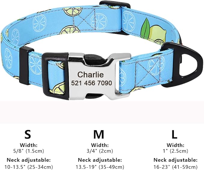 Personalized Dog Collar Nylon Print Dog Collars Customized Puppy Pet Collar Engraved Name ID for Small Medium Large Big Dogs Pug 159 Blue L