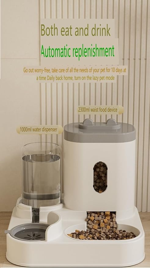 2-in-1 Automatic Feeder Dog Cat Food Bowl with Water Fountain Large Capacity Pet Food Storage Dispenser Container Puppy Pet Accessories (Peach Powder)