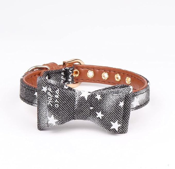 Cute Stars Pets Dog Collars Leather Bowknot Collar Leash Set for Small Medium Dogs Bulldog/Pug Necklace Bandana Pet Leashes (Black r Medium)