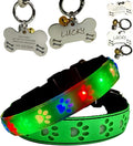LED Dog Collar with Paw Print Design, 15 Light Modes, Waterproof, Includes Bone-Shaped Name Tag, Multiple Colors (Green Pro, S(7.87-11.8"))