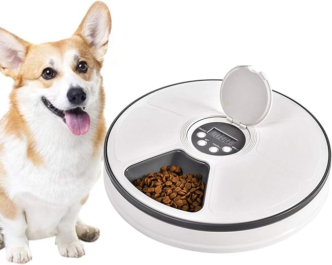 6-Meal Automatic Pet Feeder Food Dispenser for Dogs and Cats W/Programmable Digital Timer, Portion Control & Voice Recording, Dishwasher,Safe Tray Feeds Wet Or Dry Food