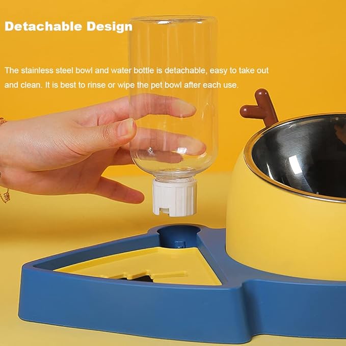 2-in-1 Double Dog Cat Bowls, Pet Water and Food Bowl Set, 320ml Automatic Water Dispenser Detachable Stainless Steel Bowl No-Spill Dog Waterer, Pet Feeder Auto Pets Waterer for Cat and Small Dog