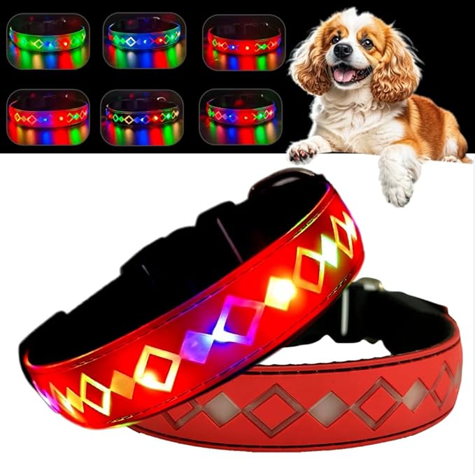 LED Dog Collar with ID Tag, 15 Light Modes, Waterproof Silicone, Night Safety (RED Pro, XL(19.7-23.6"))