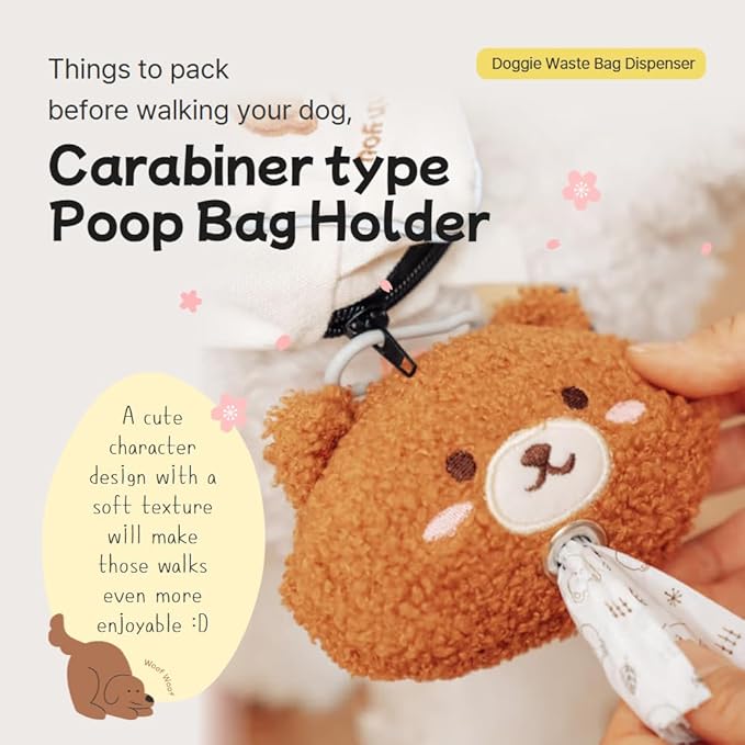 Dog Poop Bag Holder with Carabiner | Soft Plush Animal Dispenser | Cute Pet Waste Bag Pouch for Leash or Backpack | Dog Walking Accessory | Easy Pull Roll Storage