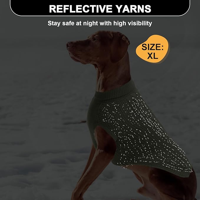 XXL Dog Sweater, Classic Cable Knit Warm Dog Sweatshirt with Reflective Yarn for Girl Boy, Halloween Fall Winter Coat Turtleneck Pullover Clothes Apparel for Small Medium Large Dogs, Green XXL
