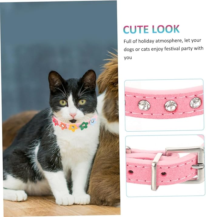 Adjustable Rhinestone Dog Collar for Small Dogs, Pu Leather Puppy Collar with Floral Design, 37x1.5cm Comfortable Pet Necklace for Daily Use