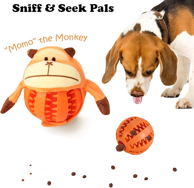 Tumbo Sniff & Seek Pals Dog Toy - Hide & Seek Treat Ball, Plush Animal Cover, Interactive Snuffle Toy for Enrichment & Boredom Relief (Momo The Monkey (Orange))