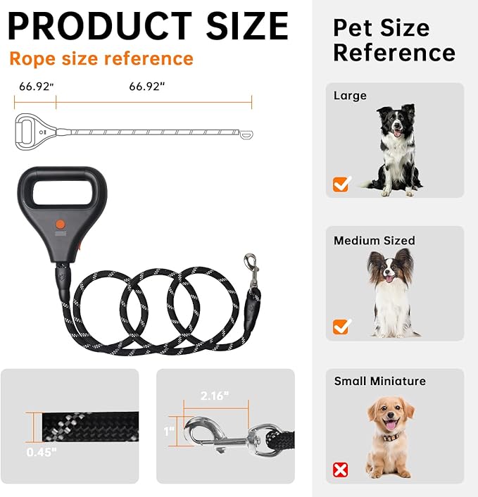 Rrechargeable Heated Dog Leash, Highly Reflective Threads Leash Rope with Rechargeable Hand Warmer for Medium Large Dogs, 1/2 inch - M