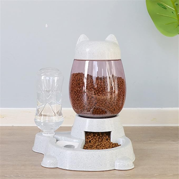 Automatic Cat Feeder Pet Dog Food Storage Bowl Water Dispenser Set Cute Automatical Dog Cat Feeder with Water Bottle, Water Dispenser Pet Water Food Dish for Cats,Puppy, Rabbit Grey Color
