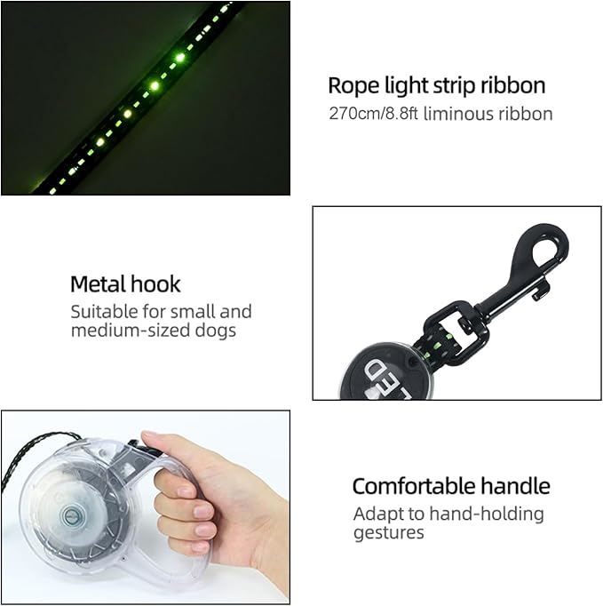 Luwint LED Dog Leash Retractable 8.8ft - Light Up Dog Leashes for Night Walking, USB Rechargeable Waterproof Lighted Leash with 3 Modes Green Light