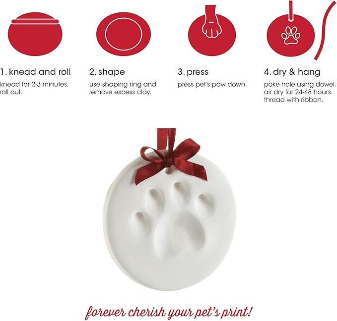Pearhead Clay Pawprint Christmas Ornament, Pet Owner Holiday Gift, Dog or Cat Paw Print Keepsake, DIY Pawprint Hanging Ornament, Classic Red Ribbon