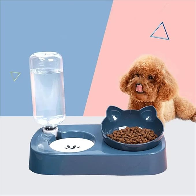 Double Dog Cat Bowls 2 in 1 Pet Water and Food Bowl Set with Automatic Stress Water Feeder for Cats, Dogs, Puppies, and Kittens(Blue)