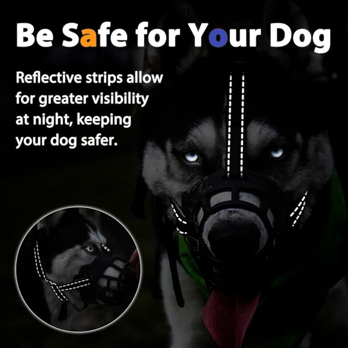 BARKLESS Dog Muzzle, Soft Silicone Basket Muzzle for Dogs, Allows Panting and Drinking, Prevents Unwanted Barking Biting and Chewing, Included Collar and Training Guide