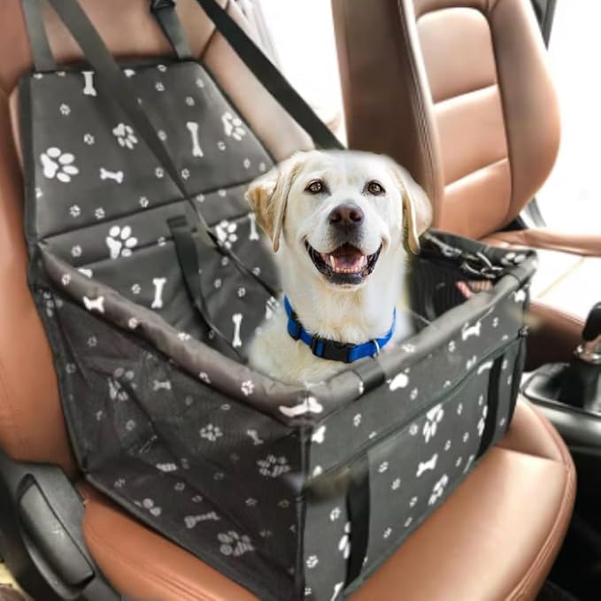 Long Face Pet Reinforce Car Booster Seat for Dog Cat Portable and Breathable Bag with Seat Belt Dog Carrier Safety Stable for Travel Look Out,with Clip on Leash with PVC Tube (Foot) (Black, Medium)