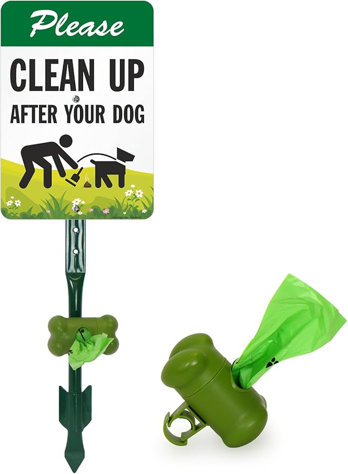 SmartSign Please Clean Up After Your Dog Yard Sign & Clip-On Dispenser Combo/Kit, 7"x10" Rust-proof Aluminum Sign with 18-inch Steel Stake, Compact Dispenser Preloaded with a 15 Dog Poop Bags Roll